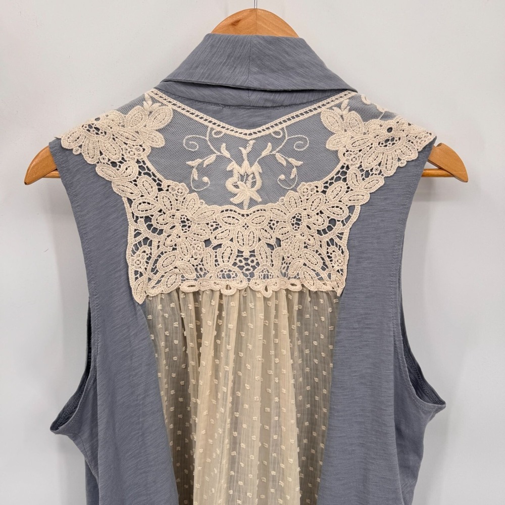 LOGO Cardigan Vest Womens XL Blue Cotton Cream Swiss Dot Lace Trim Romantic - Picture 9 of 10